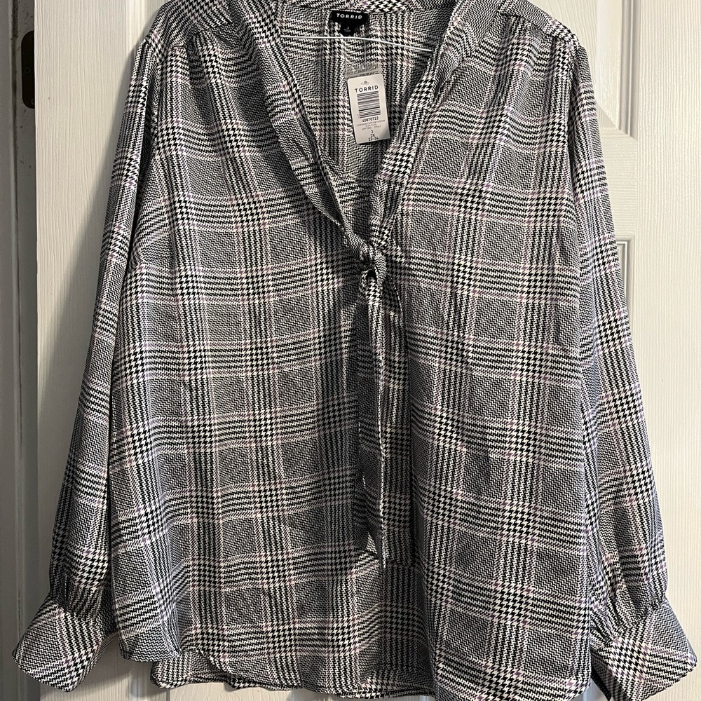 Torrid Black, White & Lavender Plaid Tie-Neck Blouse
